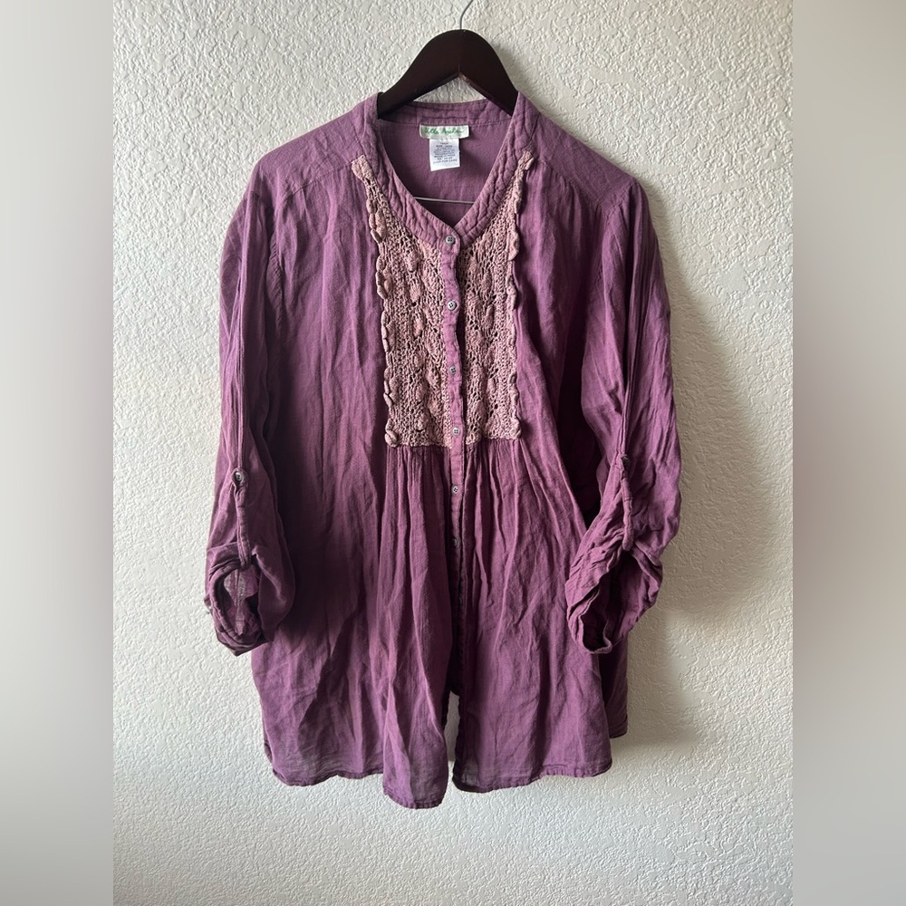 Ulla Popken Plum‎ Button Cotton Blouse Lace Embroidered XL Relaxed Artsy Fairy
